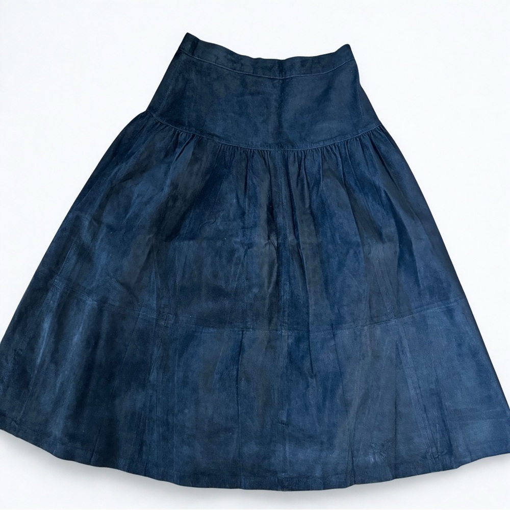 Amazing Vintage Suede Leather Midi Skirt, Black A-Line 1970s Boho Size 12